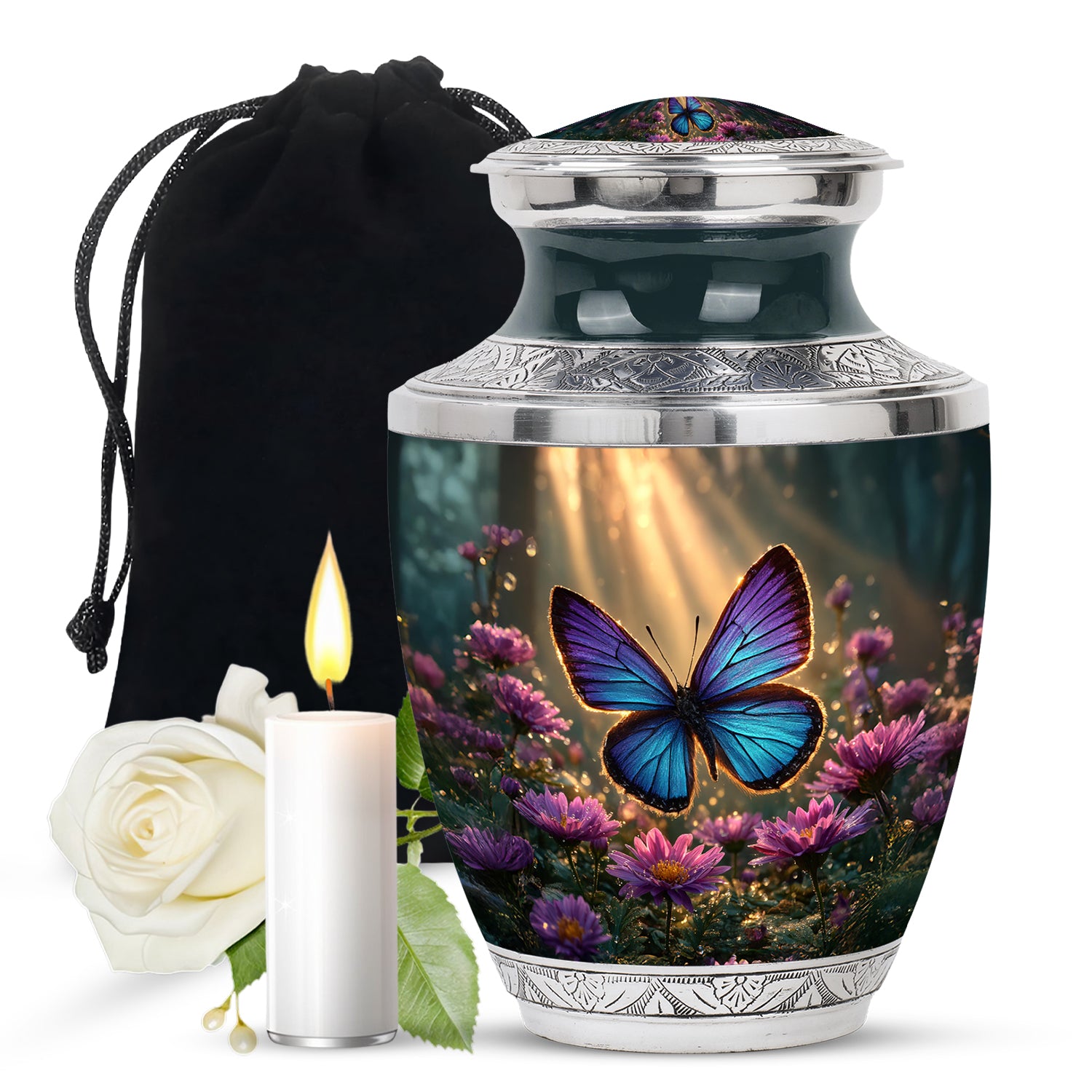 Champagne Gold Butterfly Cremation Urn side profile showing urn shape - contemporary butterfly design with modern artistic flair - full-size 10 inch 200 cubic inch adult cremation urn