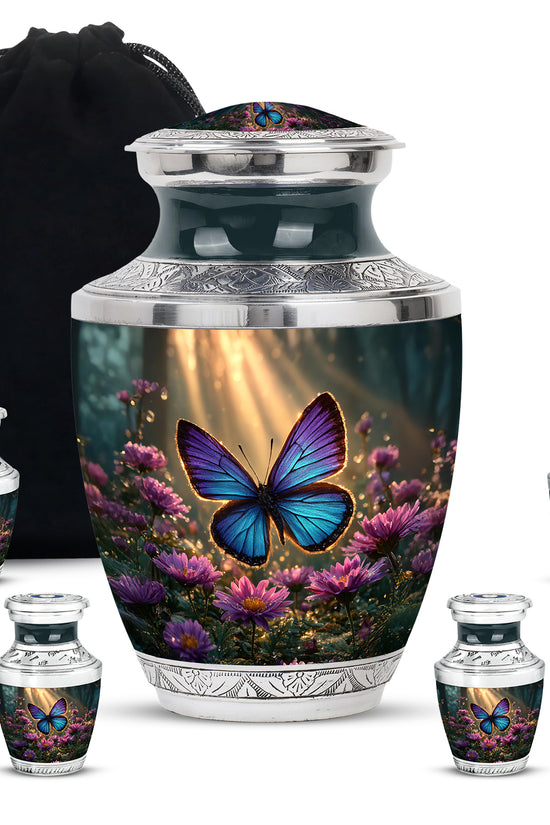 Harvest Gold Butterfly Cremation Urn lifestyle display on memorial shelf - stylized abstract butterfly pattern with bold lines - memorial set with one large and four small urns