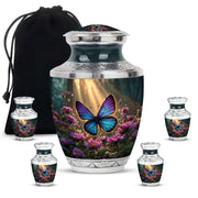 Harvest Gold Butterfly Cremation Urn lifestyle display on memorial shelf - stylized abstract butterfly pattern with bold lines - memorial set with one large and four small urns