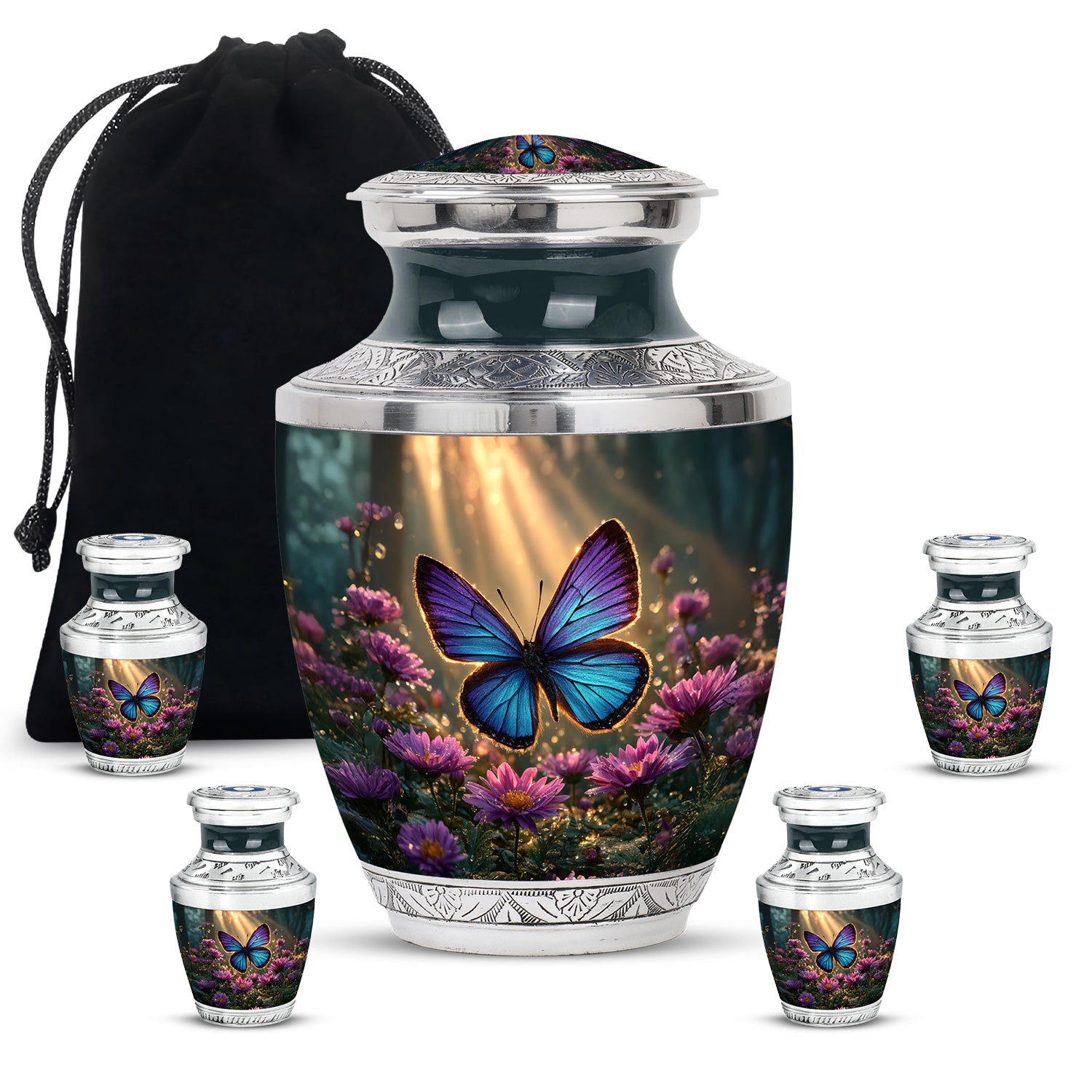 Harvest Gold Butterfly Cremation Urn lifestyle display on memorial shelf - stylized abstract butterfly pattern with bold lines - memorial set with one large and four small urns