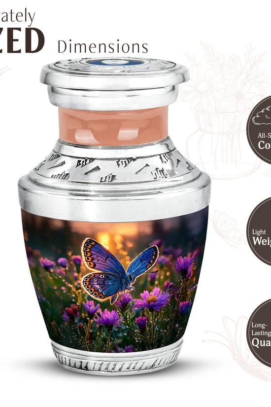 Gilded Gold Butterfly Cremation Urn top-down view of secure threaded lid - modern art-inspired butterfly motif on sleek aluminum - mini keepsake memorial for portion of cremation ashes