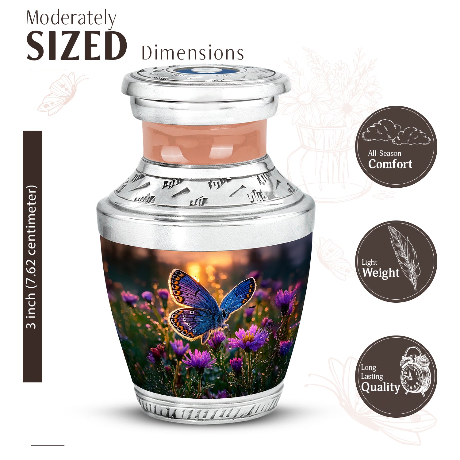 Gilded Gold Butterfly Cremation Urn top-down view of secure threaded lid - modern art-inspired butterfly motif on sleek aluminum - mini keepsake memorial for portion of cremation ashes