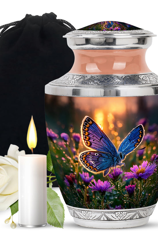 Amber Gold Butterfly Cremation Urn side profile showing urn shape - modern art-inspired butterfly motif on sleek aluminum - full-size 10 inch 200 cubic inch adult cremation urn