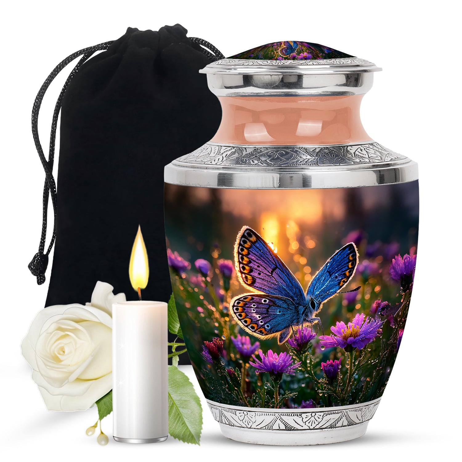 Amber Gold Butterfly Cremation Urn side profile showing urn shape - modern art-inspired butterfly motif on sleek aluminum - full-size 10 inch 200 cubic inch adult cremation urn