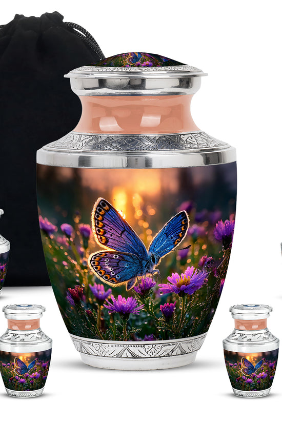 Matte Gold Butterfly Cremation Urn lifestyle display on memorial shelf - stylized abstract butterfly pattern with bold lines - memorial set with one large and four small urns