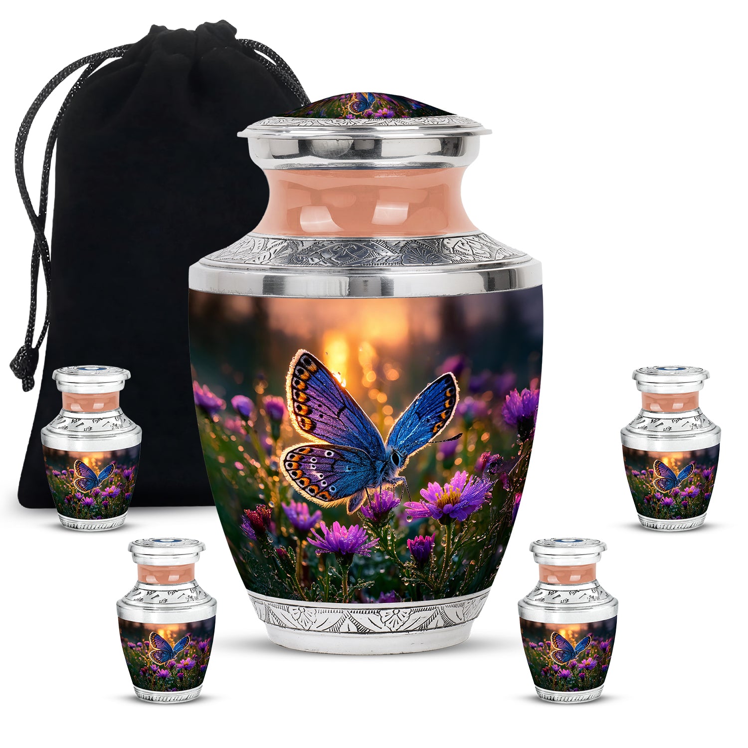 Matte Gold Butterfly Cremation Urn lifestyle display on memorial shelf - stylized abstract butterfly pattern with bold lines - memorial set with one large and four small urns