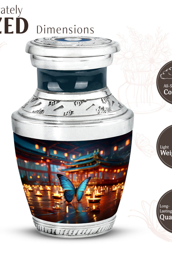 Slate Blue Butterfly Cremation Urn top-down view of secure threaded lid - modern art-inspired butterfly motif on sleek aluminum - mini keepsake memorial for portion of cremation ashes