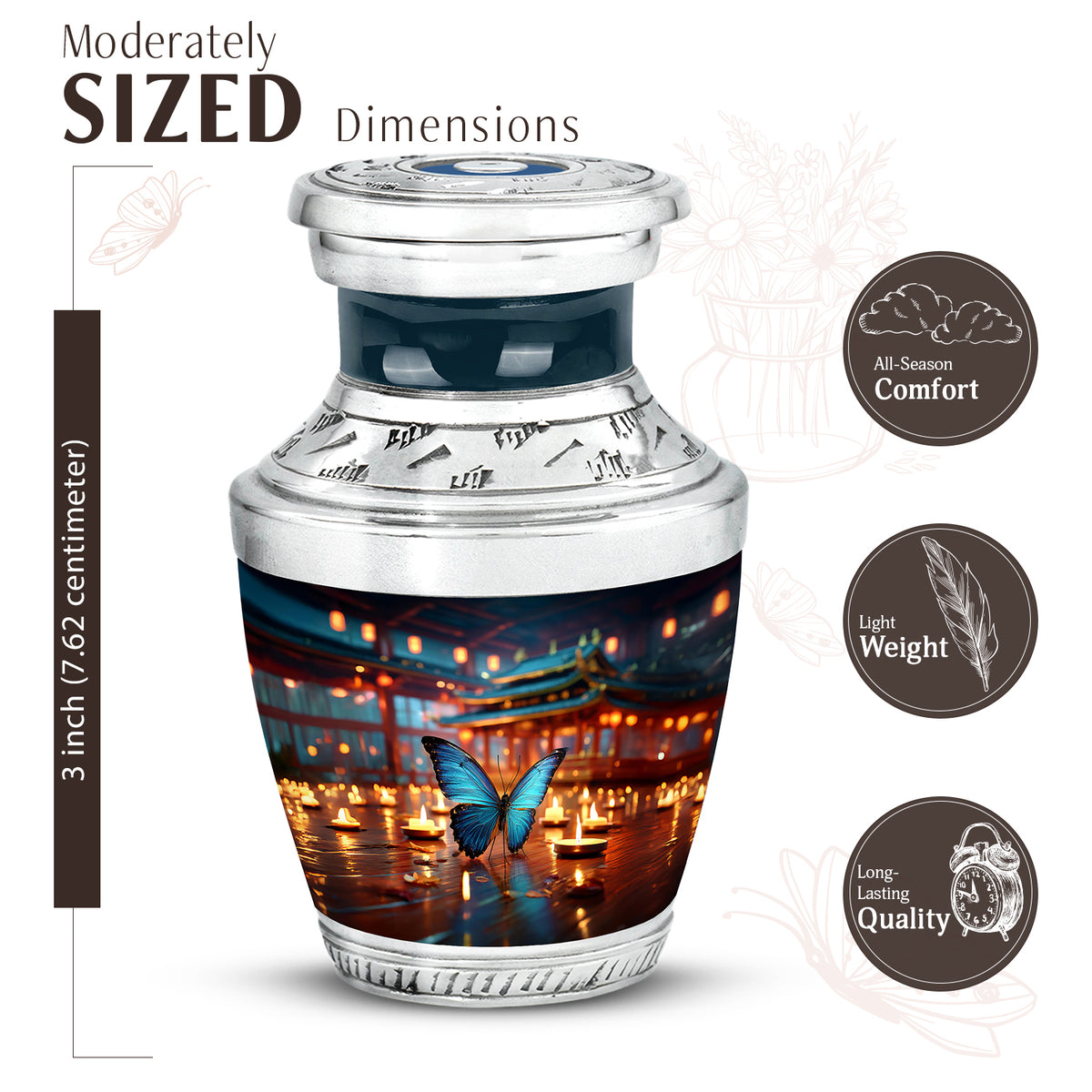 Slate Blue Butterfly Cremation Urn top-down view of secure threaded lid - modern art-inspired butterfly motif on sleek aluminum - mini keepsake memorial for portion of cremation ashes
