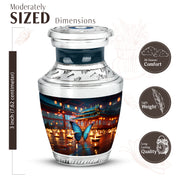 Slate Blue Butterfly Cremation Urn top-down view of secure threaded lid - modern art-inspired butterfly motif on sleek aluminum - mini keepsake memorial for portion of cremation ashes