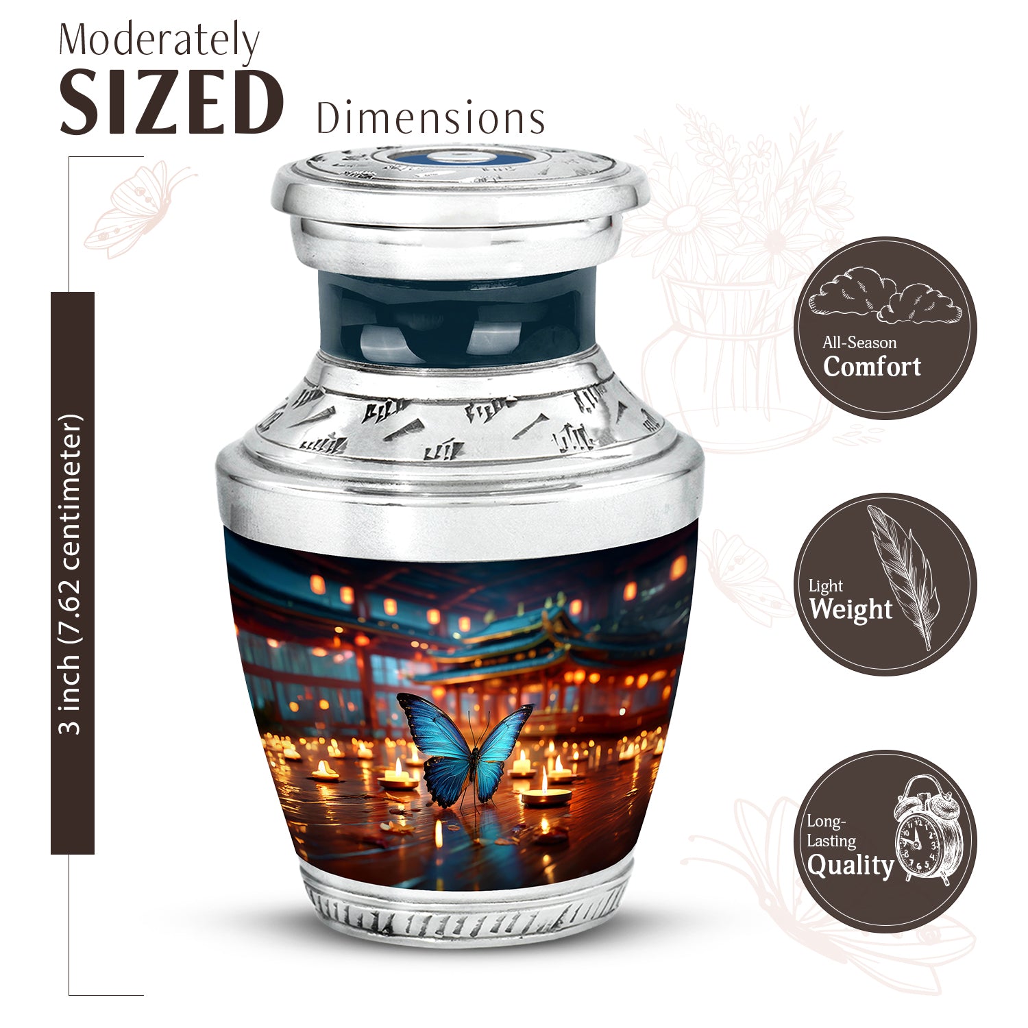 Slate Blue Butterfly Cremation Urn top-down view of secure threaded lid - modern art-inspired butterfly motif on sleek aluminum - mini keepsake memorial for portion of cremation ashes