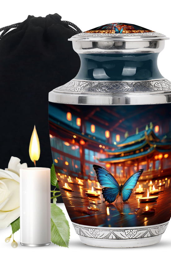 Serene Blue Butterfly Cremation Urn side profile showing urn shape - artistic butterfly interpretation with creative detail - full-size 10 inch 200 cubic inch adult cremation urn