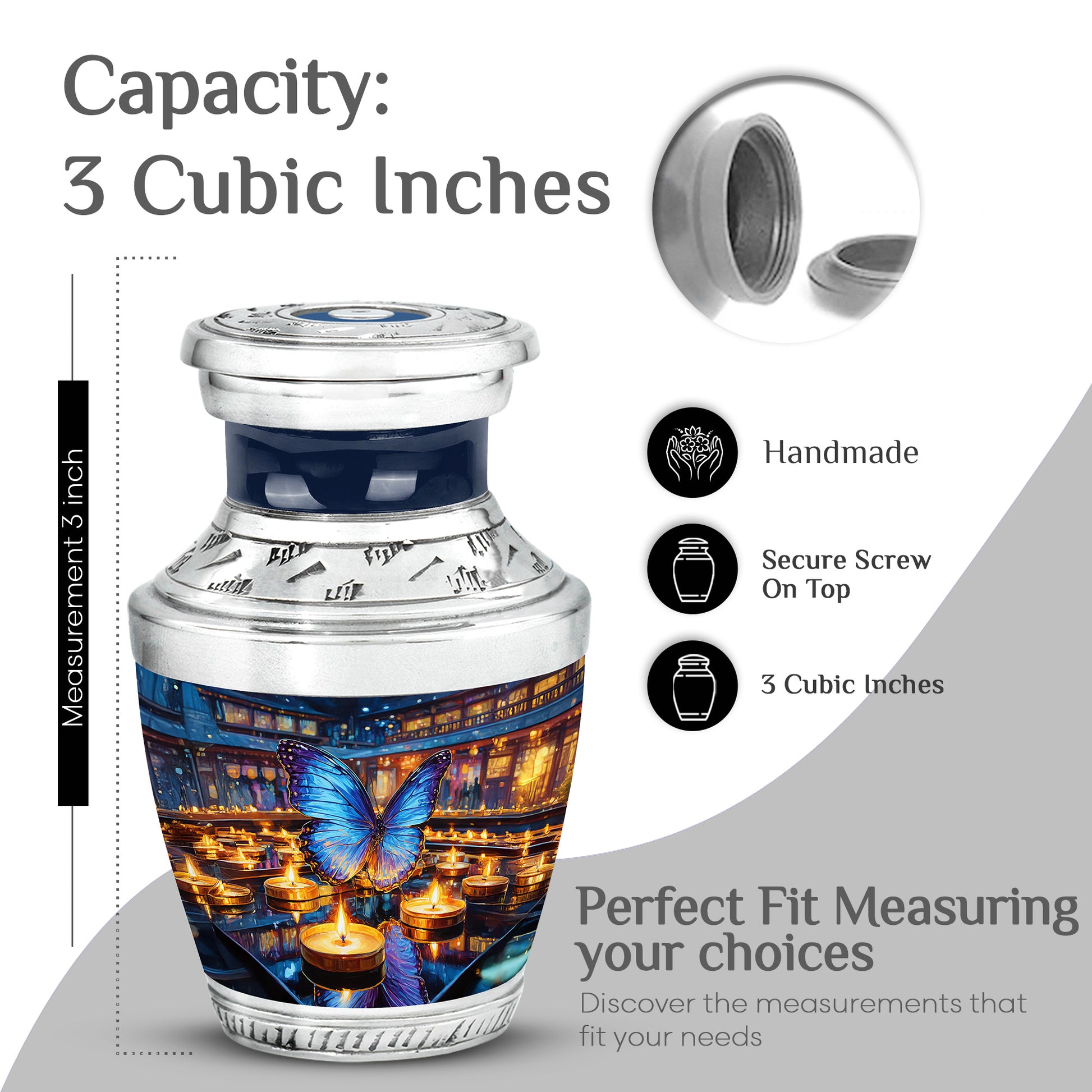 Slate Gray Butterfly Cremation Urn top-down view of secure threaded lid - artistic butterfly interpretation with creative detail - mini keepsake memorial for portion of cremation ashes