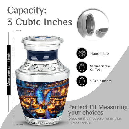 Slate Gray Butterfly Cremation Urn top-down view of secure threaded lid - artistic butterfly interpretation with creative detail - mini keepsake memorial for portion of cremation ashes