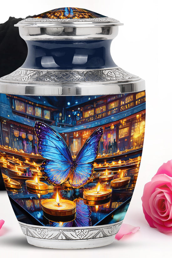 Storm Gray Butterfly Cremation Urn side profile showing urn shape - stylized abstract butterfly pattern with bold lines - full-size 10 inch 200 cubic inch adult cremation urn
