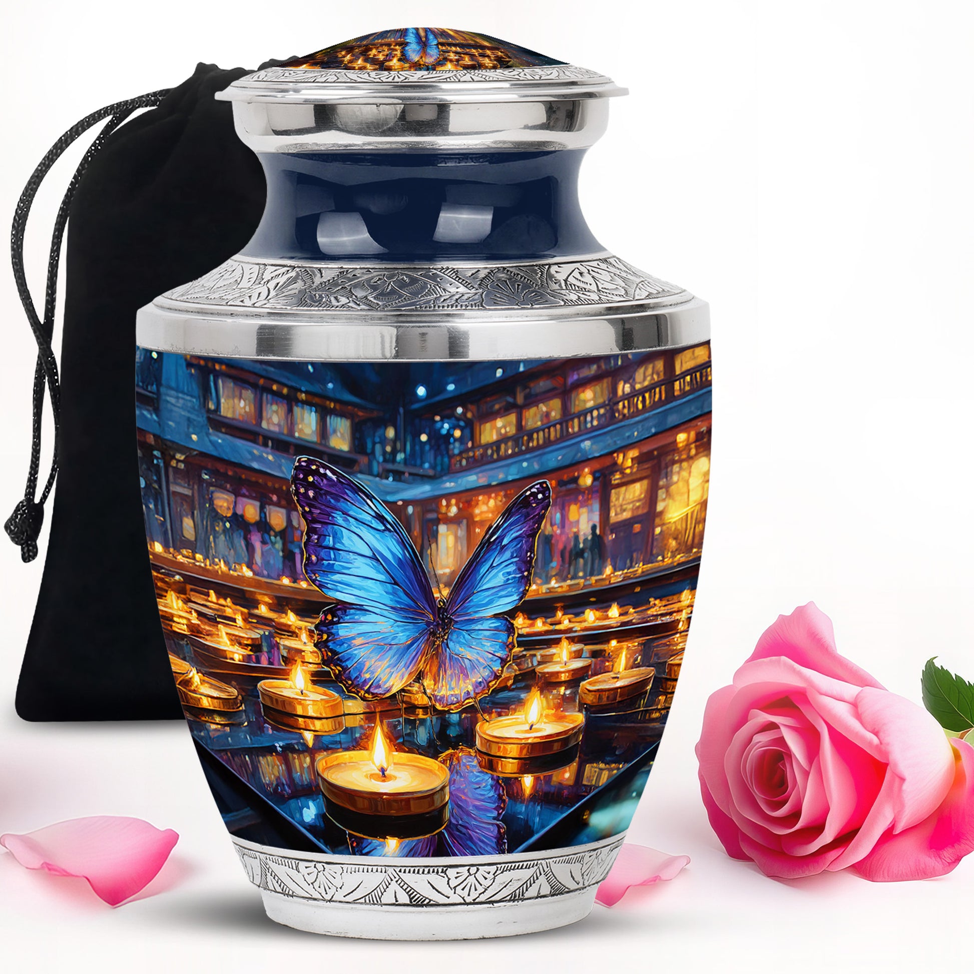 Storm Gray Butterfly Cremation Urn side profile showing urn shape - stylized abstract butterfly pattern with bold lines - full-size 10 inch 200 cubic inch adult cremation urn