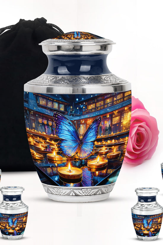 Ash Gray Butterfly Cremation Urn lifestyle display on memorial shelf - artistic butterfly interpretation with creative detail - memorial set with one large and four small urns