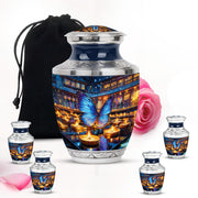 Ash Gray Butterfly Cremation Urn lifestyle display on memorial shelf - artistic butterfly interpretation with creative detail - memorial set with one large and four small urns