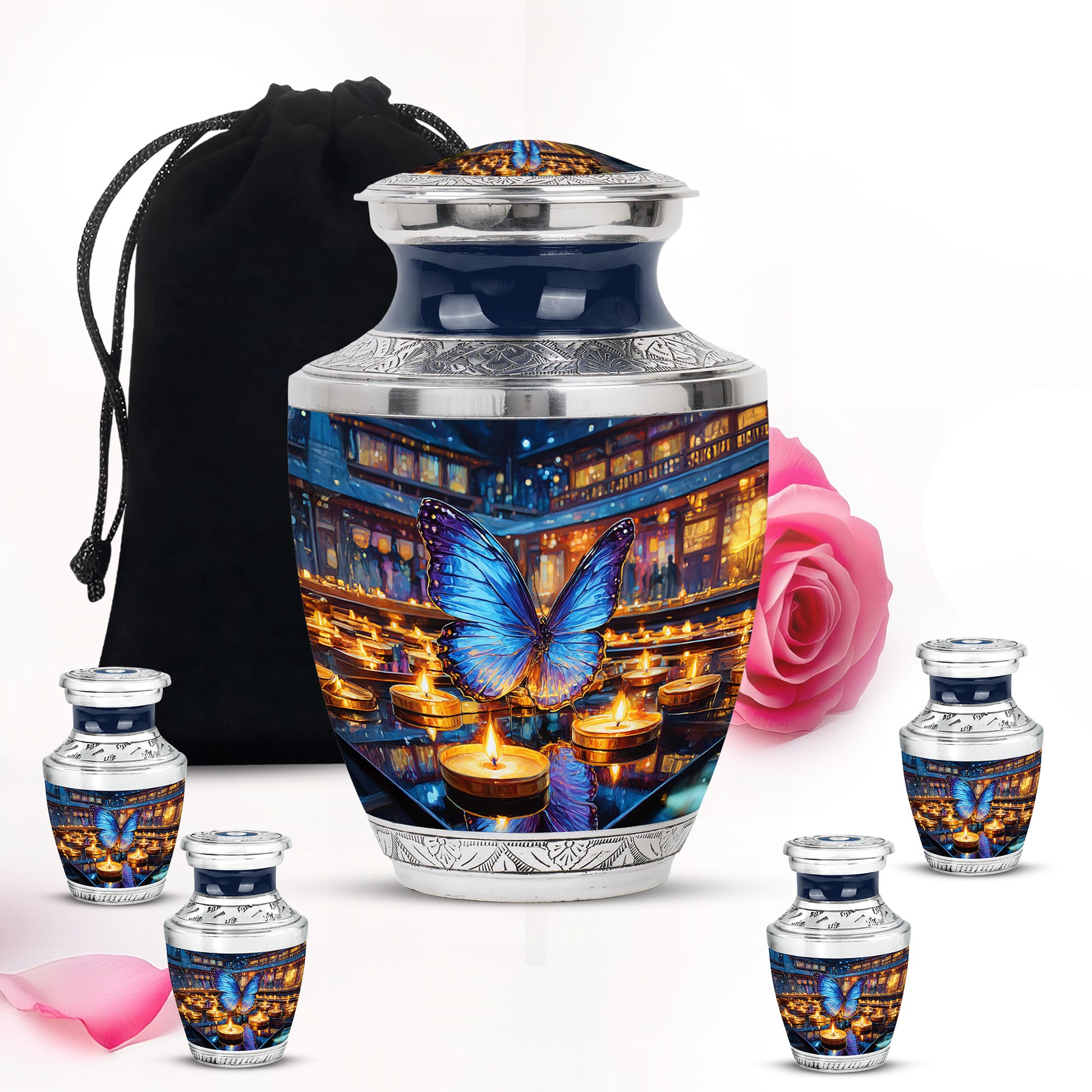 Ash Gray Butterfly Cremation Urn lifestyle display on memorial shelf - artistic butterfly interpretation with creative detail - memorial set with one large and four small urns