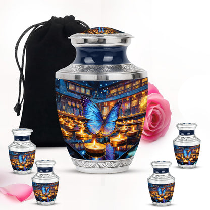 Ash Gray Butterfly Cremation Urn lifestyle display on memorial shelf - artistic butterfly interpretation with creative detail - memorial set with one large and four small urns
