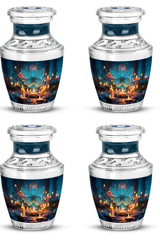 Dusty Blue Butterfly Cremation Urn back view with polished surface - modern art-inspired butterfly motif on sleek aluminum - 10 inch aluminum urn for cremated remains
