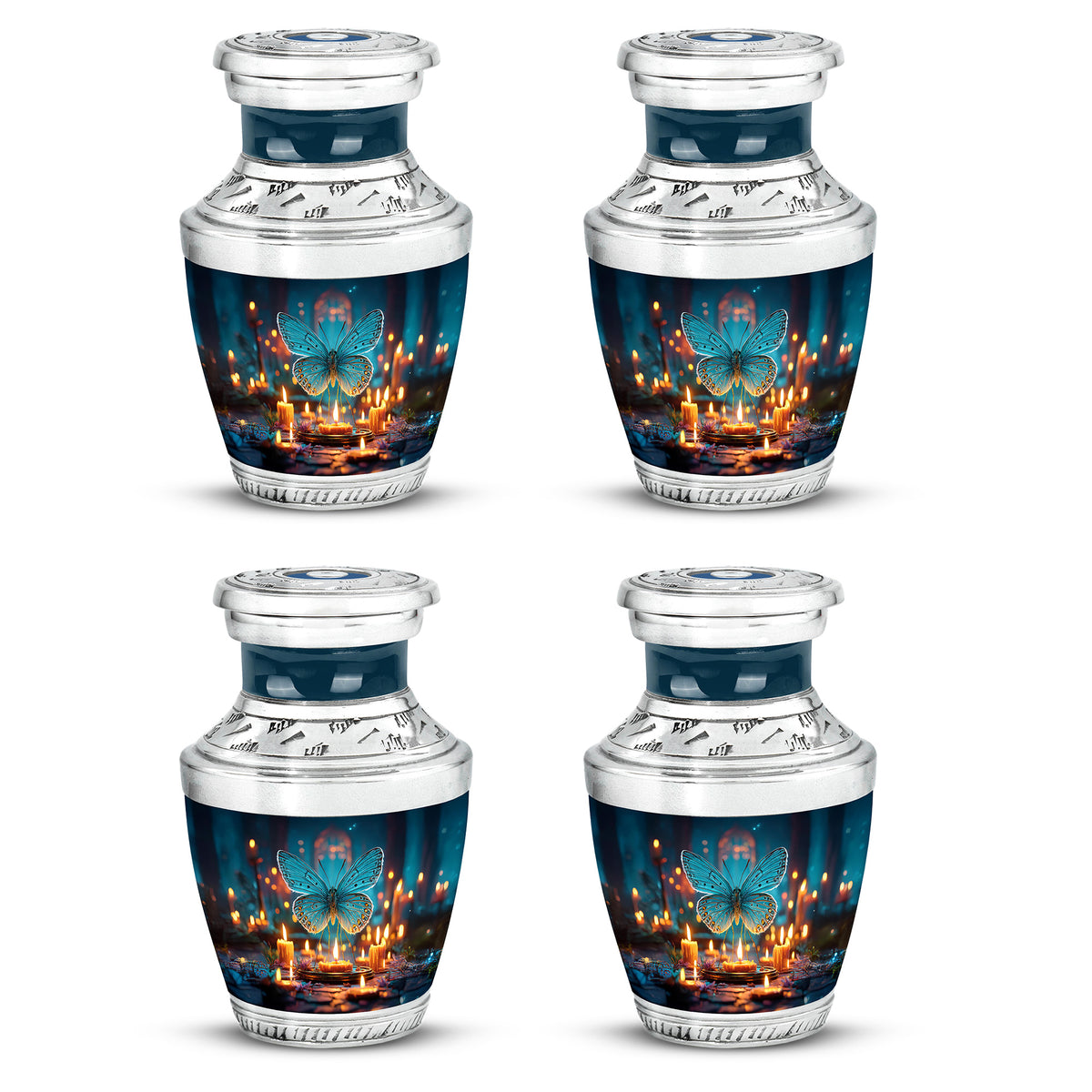 Dusty Blue Butterfly Cremation Urn back view with polished surface - modern art-inspired butterfly motif on sleek aluminum - 10 inch aluminum urn for cremated remains