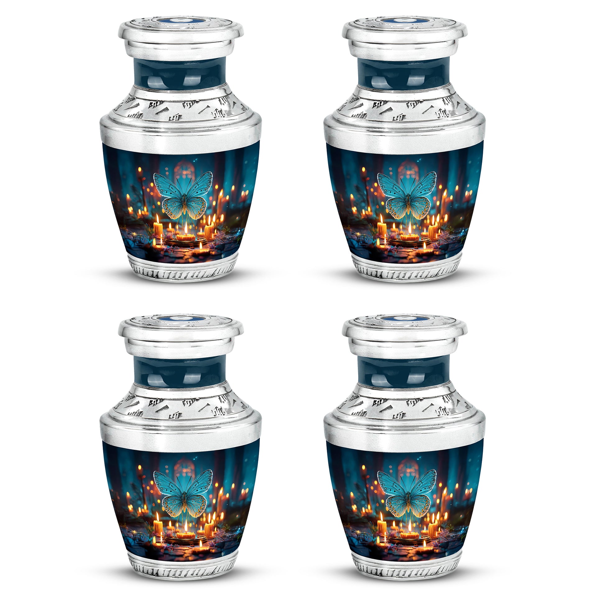 Dusty Blue Butterfly Cremation Urn back view with polished surface - modern art-inspired butterfly motif on sleek aluminum - 10 inch aluminum urn for cremated remains