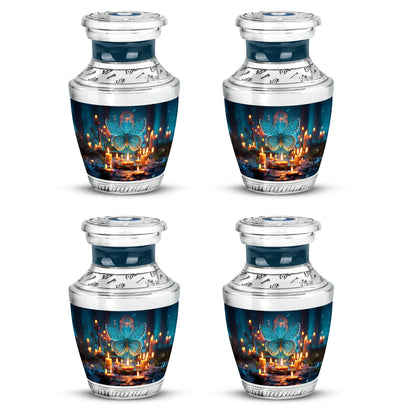 Dusty Blue Butterfly Cremation Urn back view with polished surface - modern art-inspired butterfly motif on sleek aluminum - 10 inch aluminum urn for cremated remains
