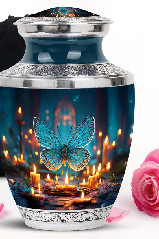 Soft Blue Butterfly Cremation Urn side profile showing urn shape - artistic butterfly interpretation with creative detail - full-size 10 inch 200 cubic inch adult cremation urn