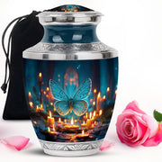 Soft Blue Butterfly Cremation Urn side profile showing urn shape - artistic butterfly interpretation with creative detail - full-size 10 inch 200 cubic inch adult cremation urn
