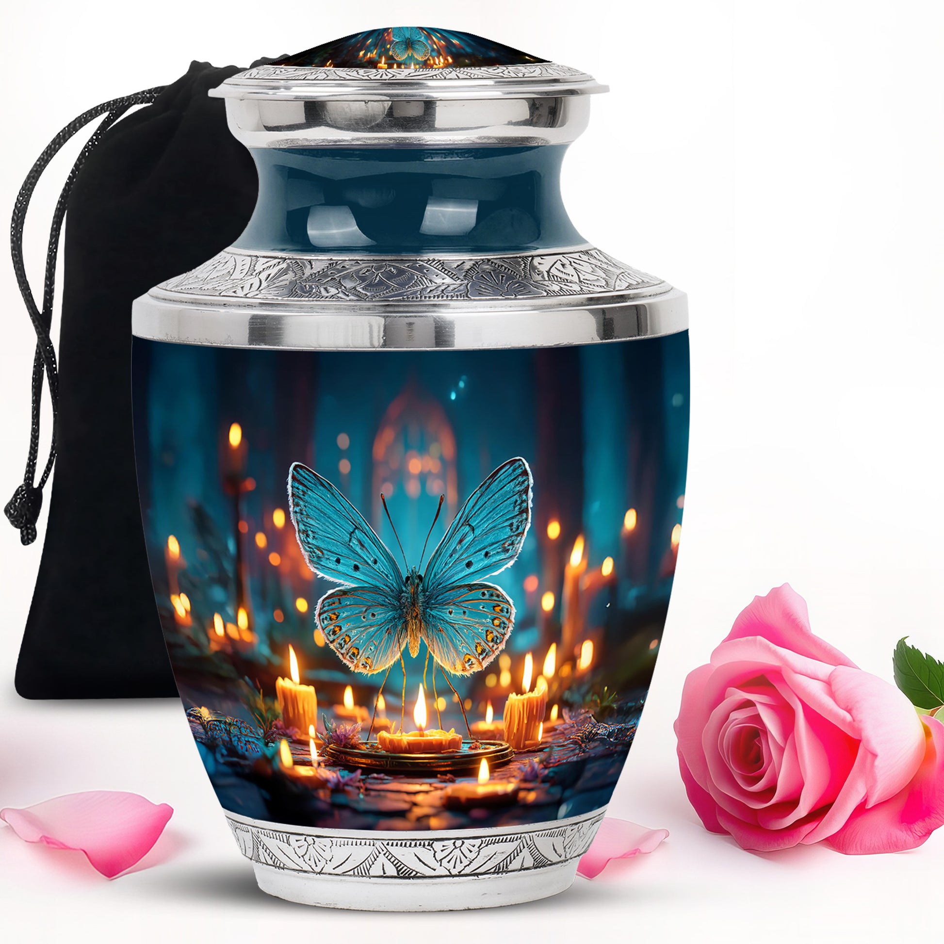 Soft Blue Butterfly Cremation Urn side profile showing urn shape - artistic butterfly interpretation with creative detail - full-size 10 inch 200 cubic inch adult cremation urn