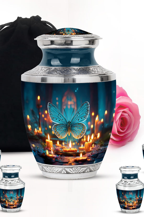 Sky Blue Butterfly Cremation Urn lifestyle display on memorial shelf - contemporary butterfly design with modern artistic flair - memorial set with one large and four small urns