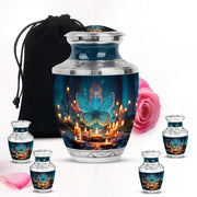 Sky Blue Butterfly Cremation Urn lifestyle display on memorial shelf - contemporary butterfly design with modern artistic flair - memorial set with one large and four small urns