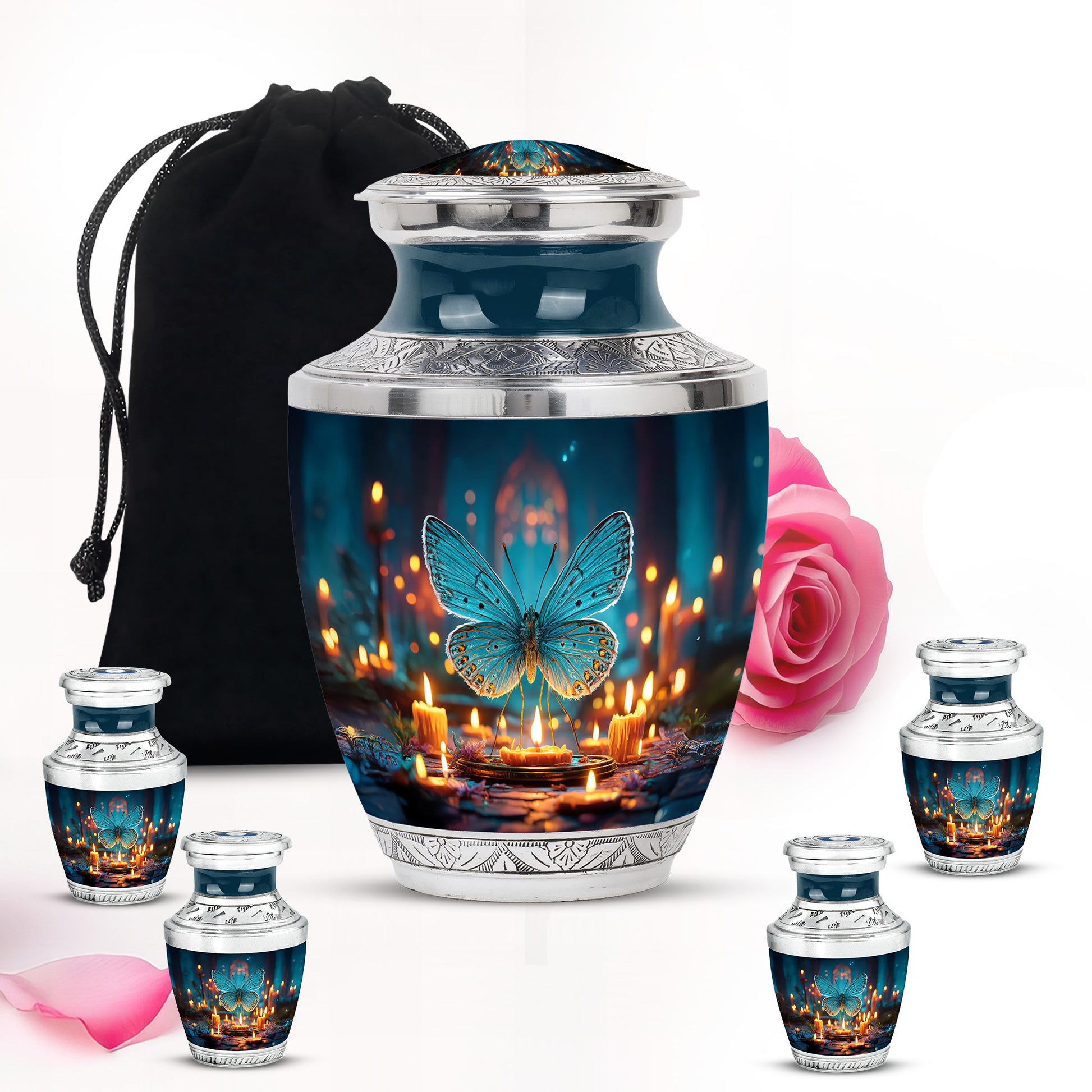 Sky Blue Butterfly Cremation Urn lifestyle display on memorial shelf - contemporary butterfly design with modern artistic flair - memorial set with one large and four small urns