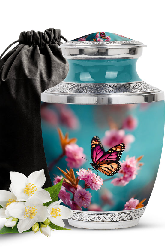 Pink Butterfly Funeral Urn - Floral Cremation Urn For Human Ashes