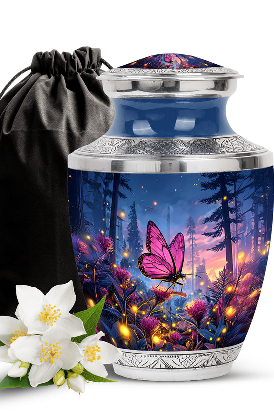 Pink Butterfly Forest Funeral Urn - Pink Flower Theme Cremation Urn For Burial