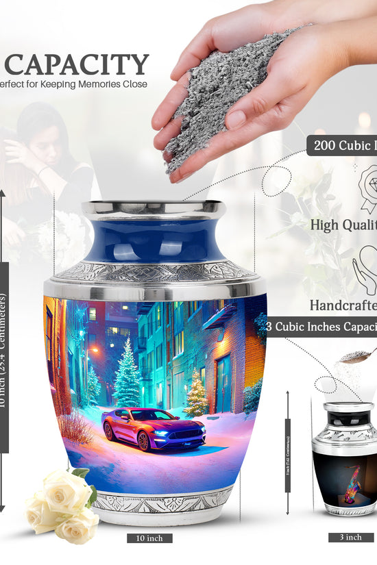Cobalt Blue Car Cremation Urn top-down view of secure threaded lid - artistic car interpretation with creative detail - mini keepsake memorial for portion of cremation ashes