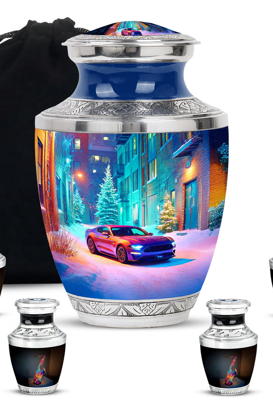 Powder Blue Car Cremation Urn lifestyle display on memorial shelf - contemporary car design with modern artistic flair - memorial set with one large and four small urns