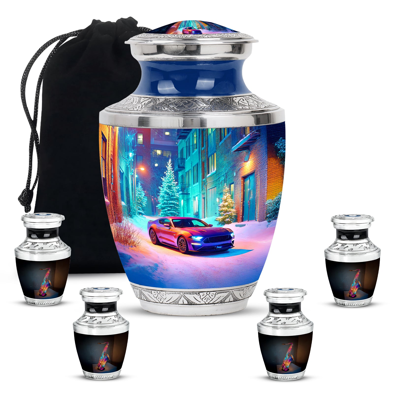 Powder Blue Car Cremation Urn lifestyle display on memorial shelf - contemporary car design with modern artistic flair - memorial set with one large and four small urns