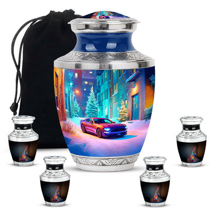 Powder Blue Car Cremation Urn lifestyle display on memorial shelf - contemporary car design with modern artistic flair - memorial set with one large and four small urns