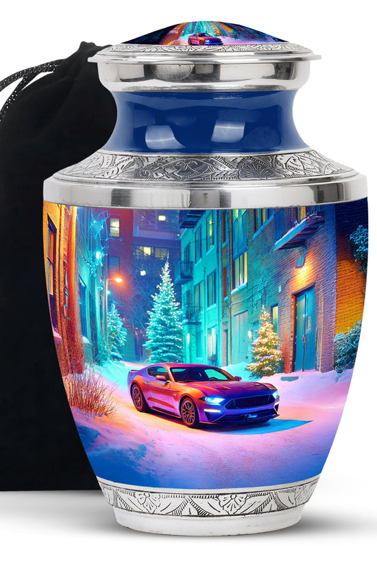 Vivid Blue Car Cremation Urn side profile showing urn shape - artistic car interpretation with creative detail - full-size 10 inch 200 cubic inch adult cremation urn