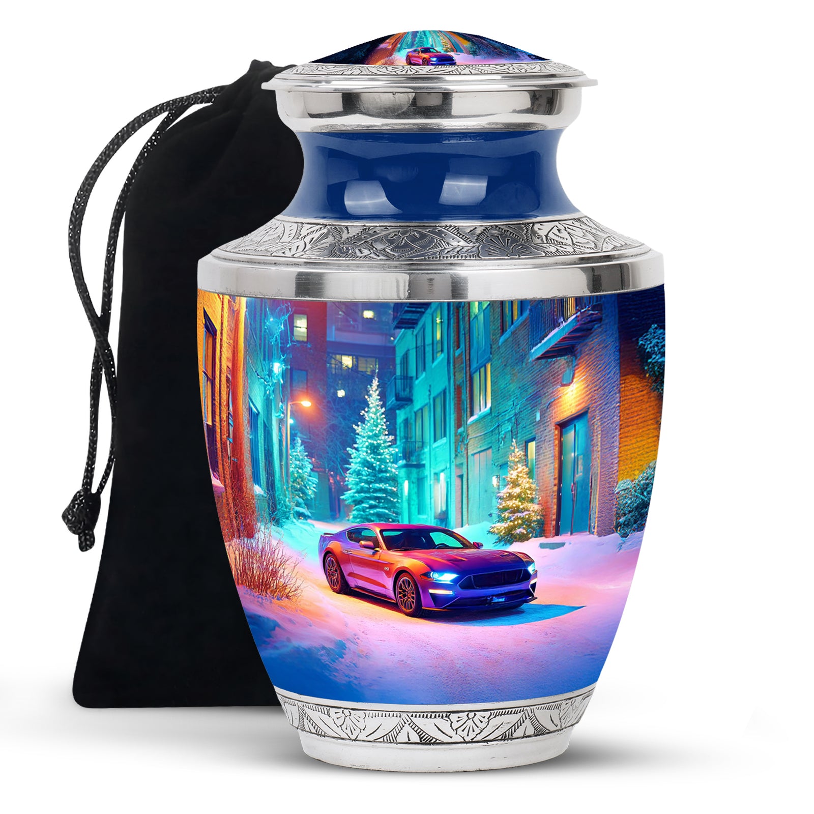 Vivid Blue Car Cremation Urn side profile showing urn shape - artistic car interpretation with creative detail - full-size 10 inch 200 cubic inch adult cremation urn