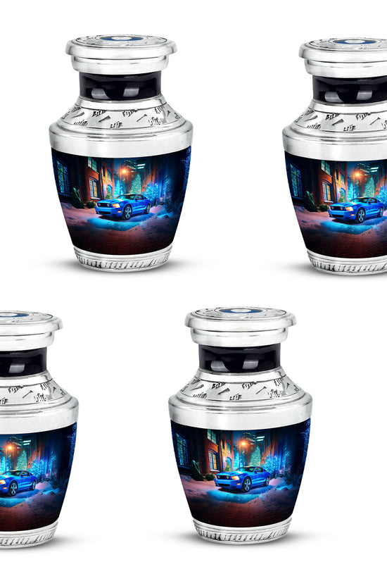 Pastel Blue Car Cremation Urn back view with polished surface - contemporary car design with modern artistic flair - 10 inch aluminum urn for cremated remains