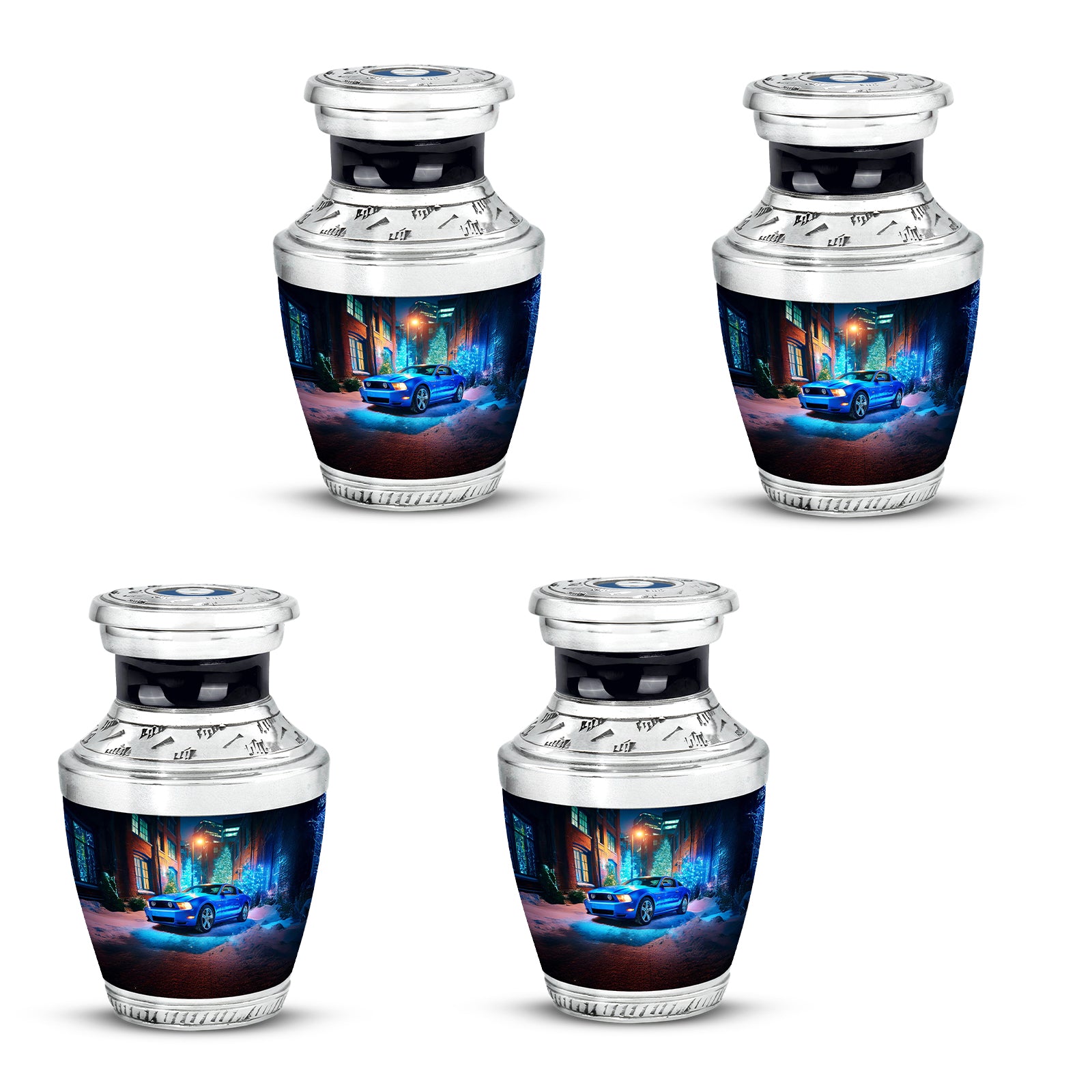 Pastel Blue Car Cremation Urn back view with polished surface - contemporary car design with modern artistic flair - 10 inch aluminum urn for cremated remains