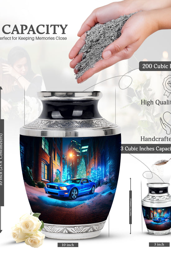 Soft Blue Car Cremation Urn top-down view of secure threaded lid - stylized abstract car pattern with bold lines - mini keepsake memorial for portion of cremation ashes