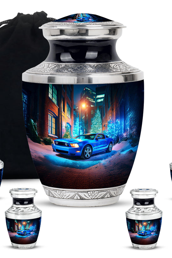 Dusty Blue Car Cremation Urn lifestyle display on memorial shelf - contemporary car design with modern artistic flair - memorial set with one large and four small urns