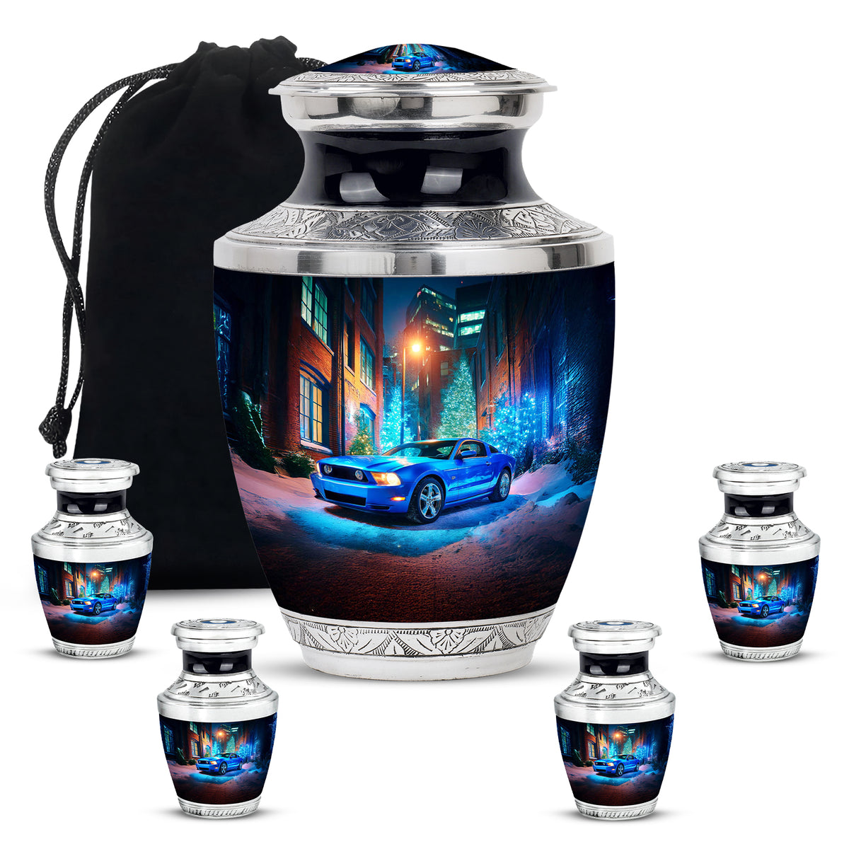 Dusty Blue Car Cremation Urn lifestyle display on memorial shelf - contemporary car design with modern artistic flair - memorial set with one large and four small urns