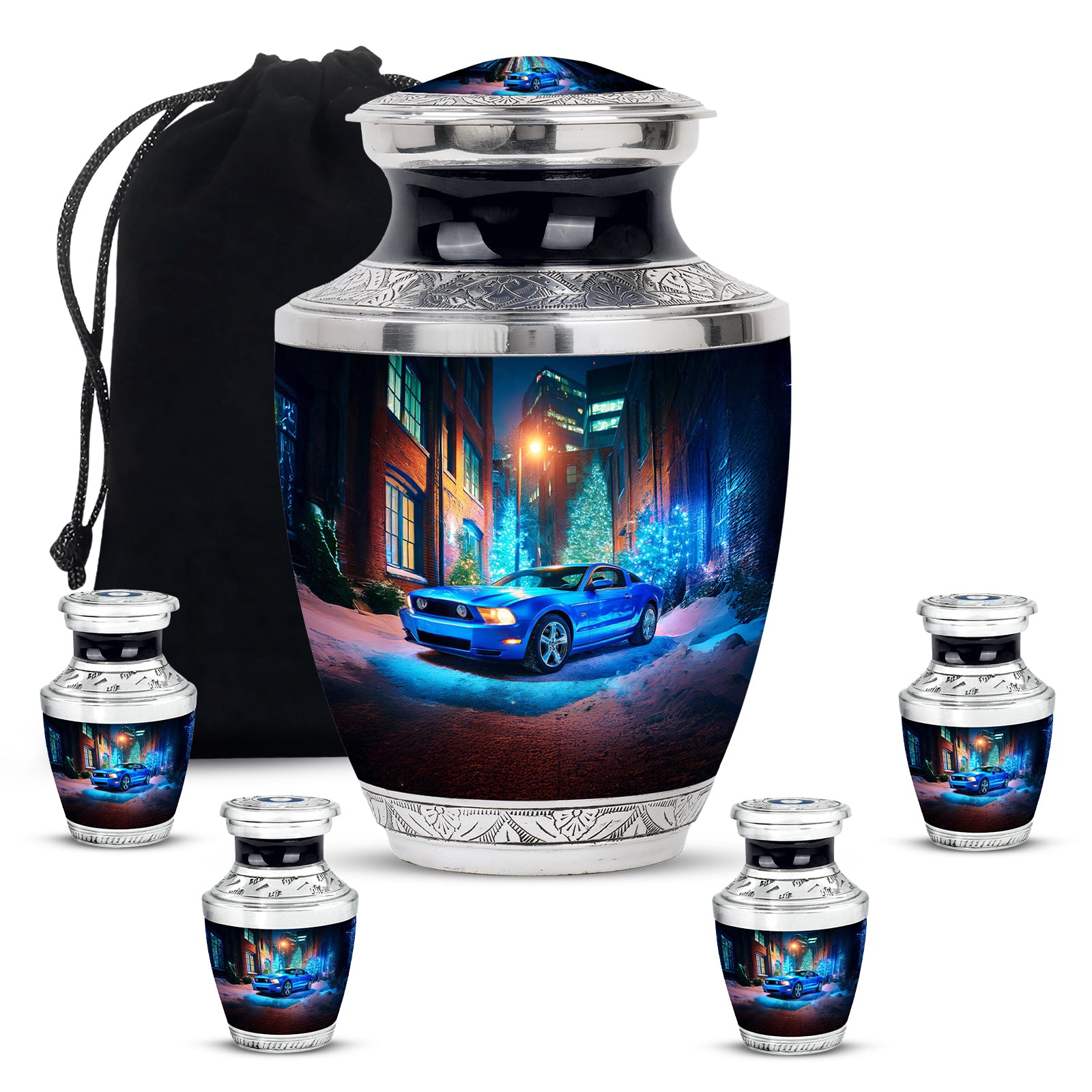 Dusty Blue Car Cremation Urn lifestyle display on memorial shelf - contemporary car design with modern artistic flair - memorial set with one large and four small urns