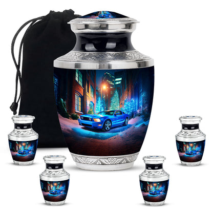 Dusty Blue Car Cremation Urn lifestyle display on memorial shelf - contemporary car design with modern artistic flair - memorial set with one large and four small urns