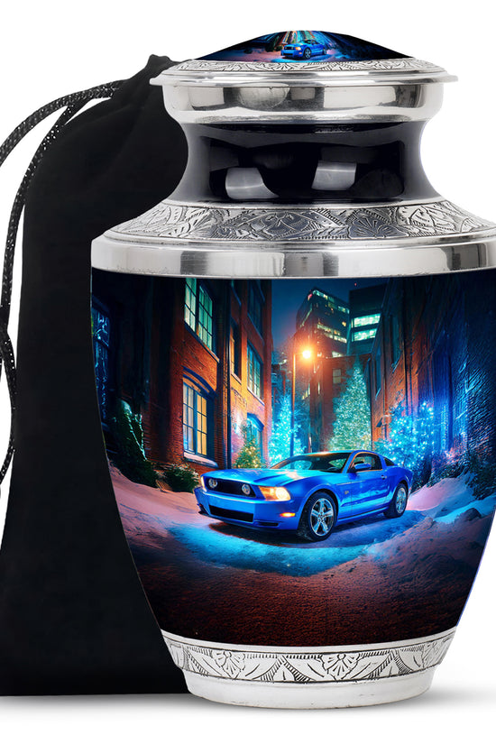 Pastel Blue Car Cremation Urn side profile showing urn shape - modern art-inspired car motif on sleek aluminum - full-size 10 inch 200 cubic inch adult cremation urn