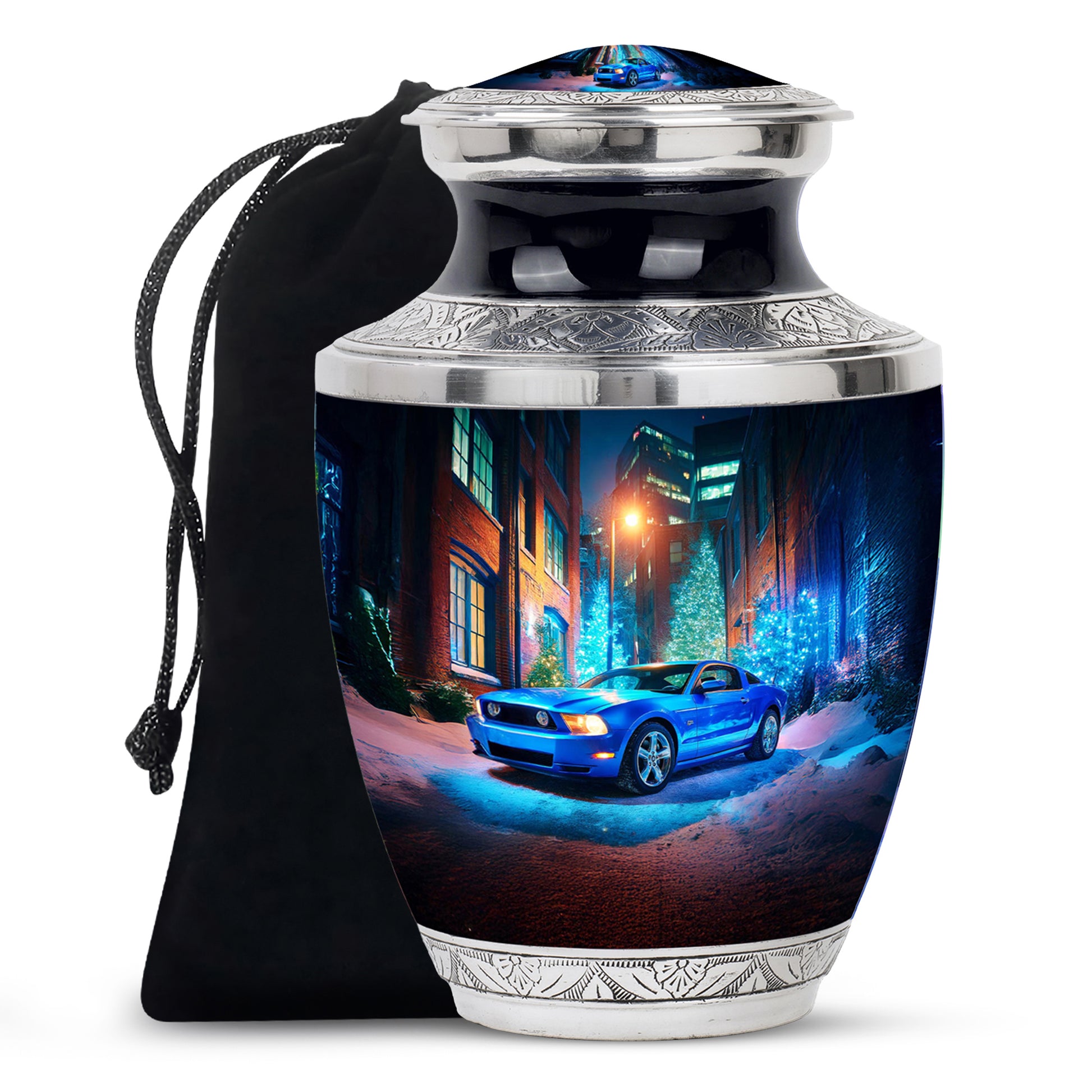 Pastel Blue Car Cremation Urn side profile showing urn shape - modern art-inspired car motif on sleek aluminum - full-size 10 inch 200 cubic inch adult cremation urn